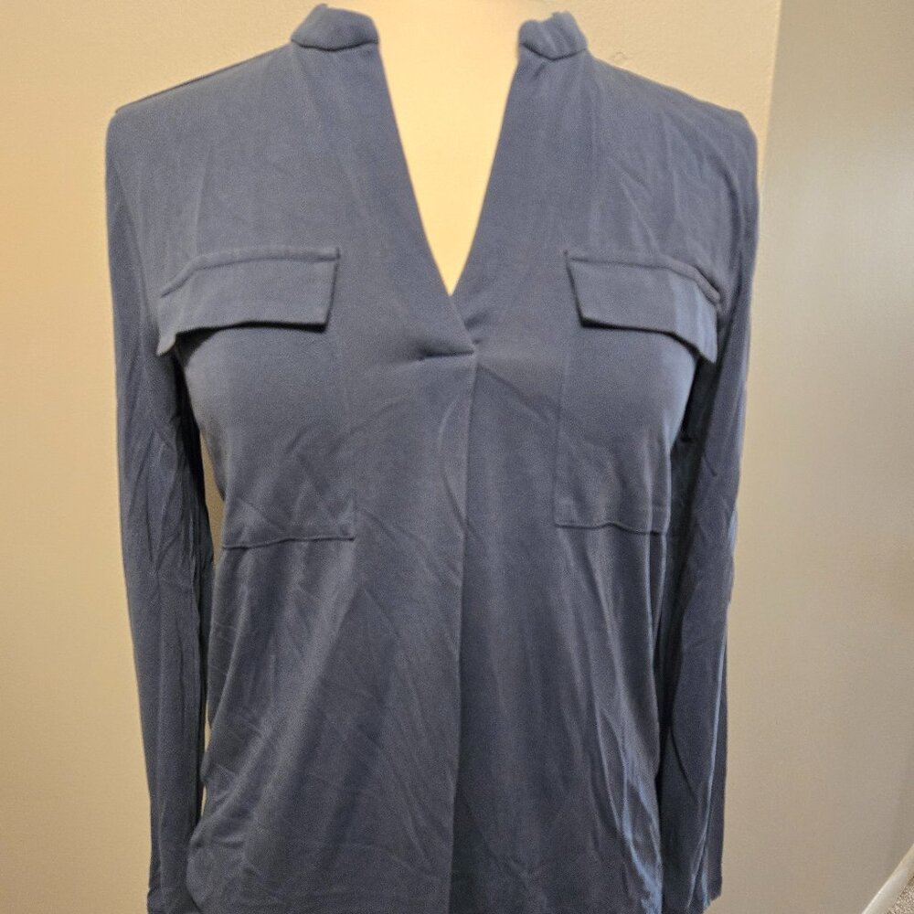 A New Day Stretch Long Sleeve Blouse with Mandarin Collar, Colbalt Blue